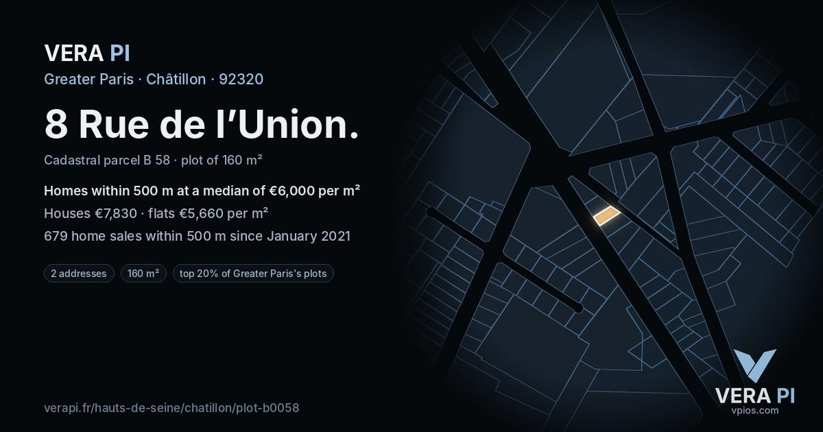 8 Rue de l’Union, Châtillon at night – the plot lit, the parcels around coloured by the prices near them