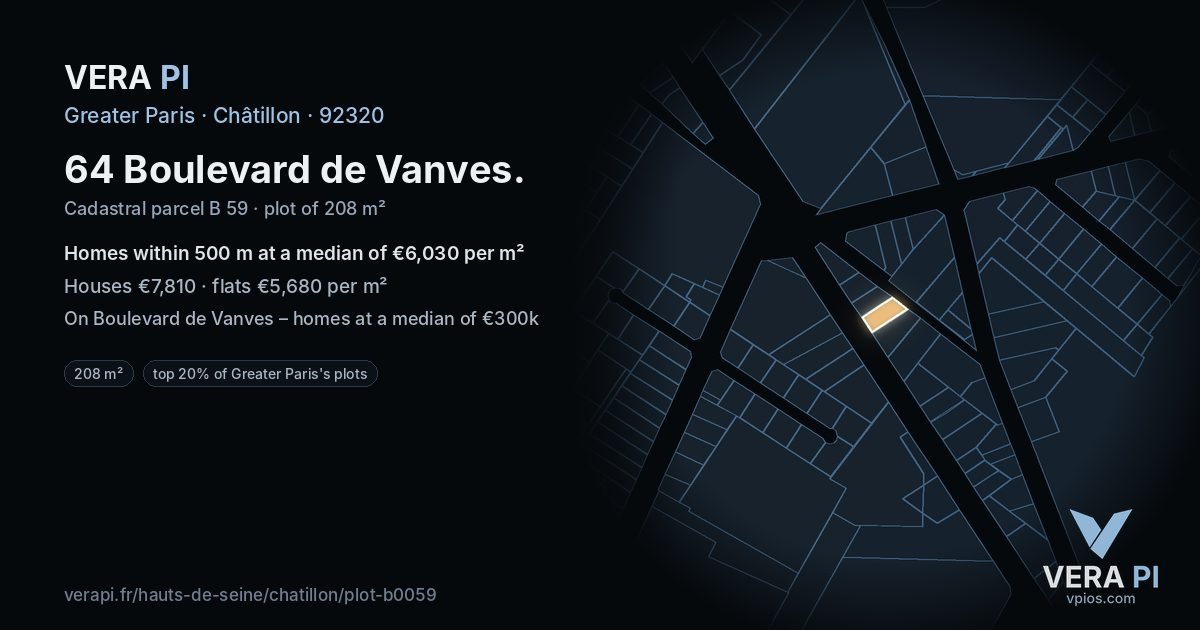 64 Boulevard de Vanves, Châtillon at night – the plot lit, the parcels around coloured by the prices near them