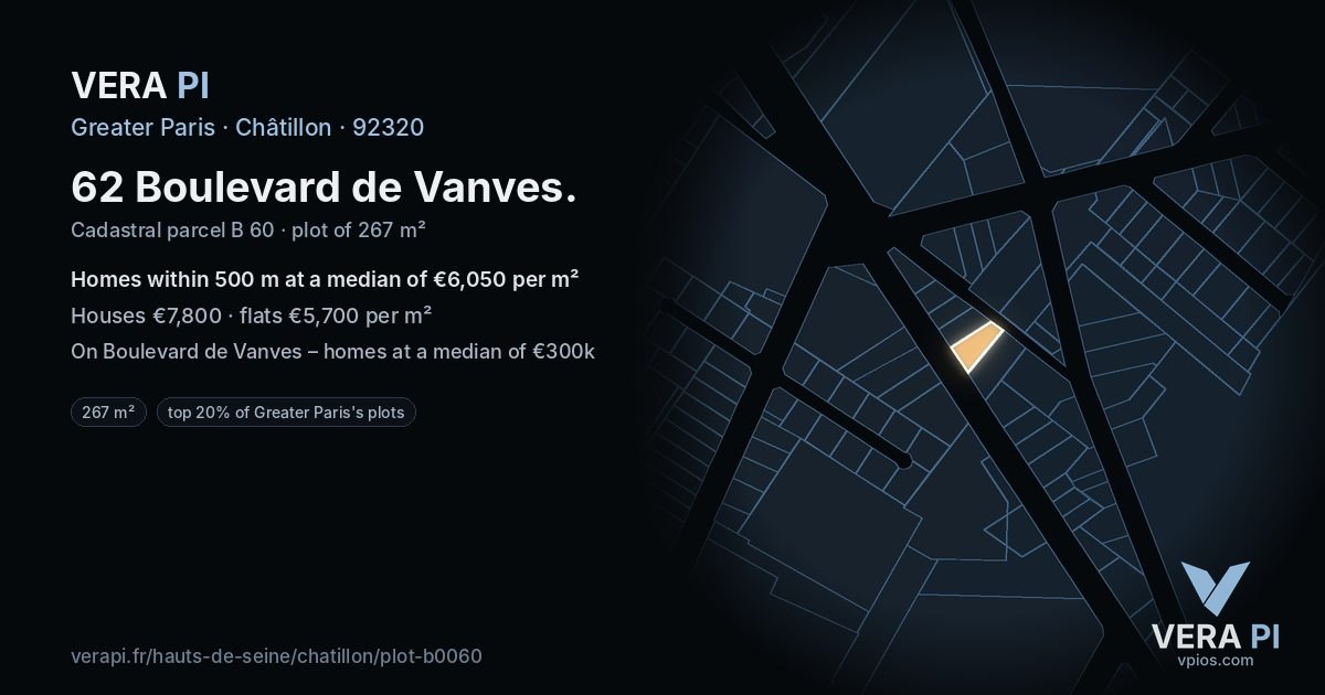 62 Boulevard de Vanves, Châtillon at night – the plot lit, the parcels around coloured by the prices near them