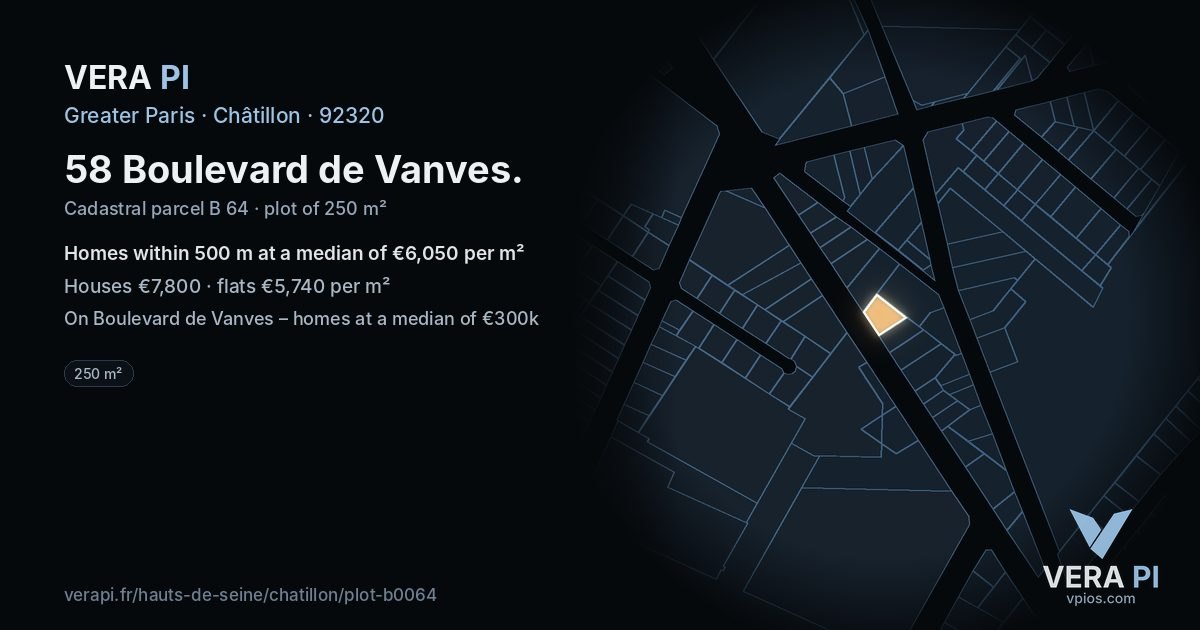 58 Boulevard de Vanves, Châtillon at night – the plot lit, the parcels around coloured by the prices near them
