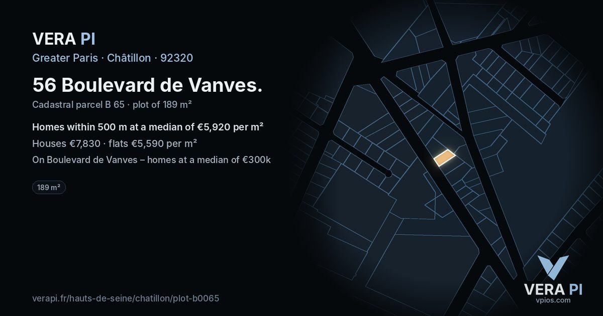 56 Boulevard de Vanves, Châtillon at night – the plot lit, the parcels around coloured by the prices near them