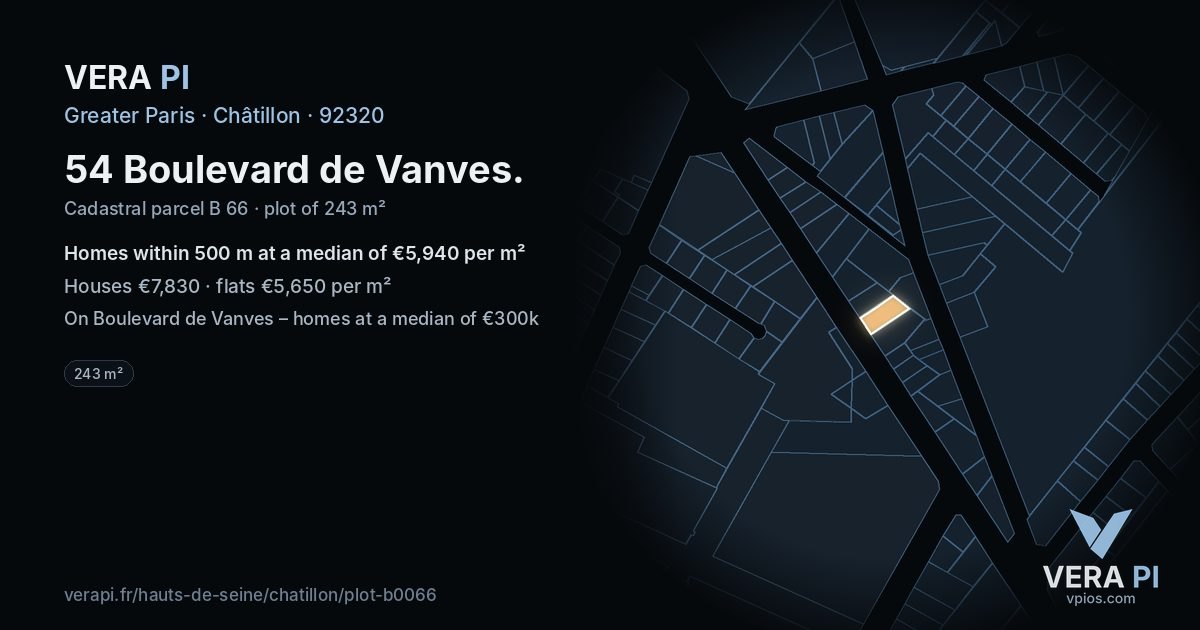 54 Boulevard de Vanves, Châtillon at night – the plot lit, the parcels around coloured by the prices near them