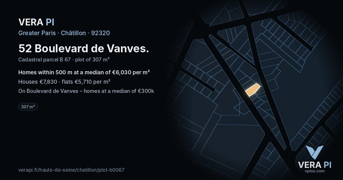 52 Boulevard de Vanves, Châtillon at night – the plot lit, the parcels around coloured by the prices near them