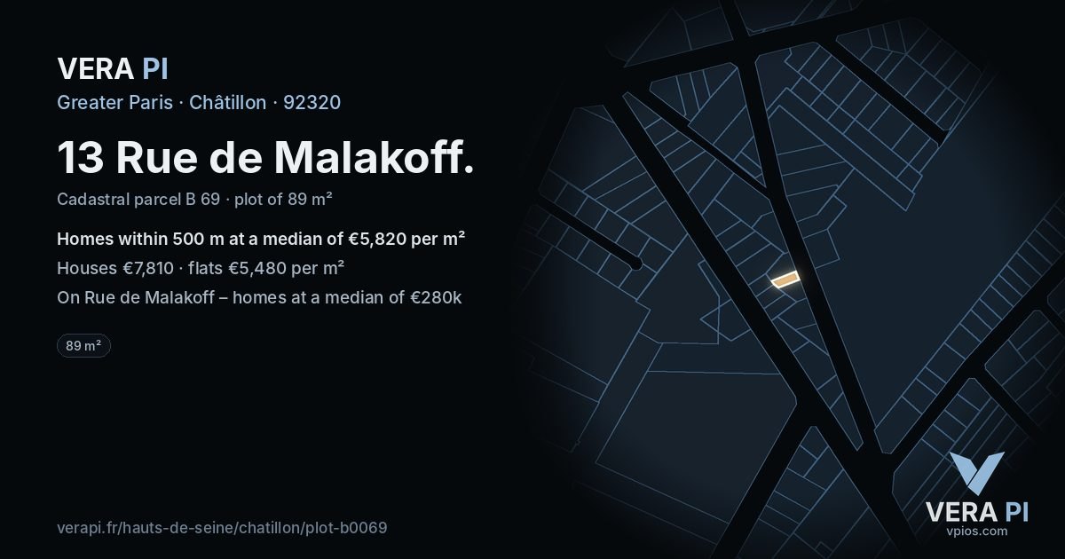 13 Rue de Malakoff, Châtillon at night – the plot lit, the parcels around coloured by the prices near them