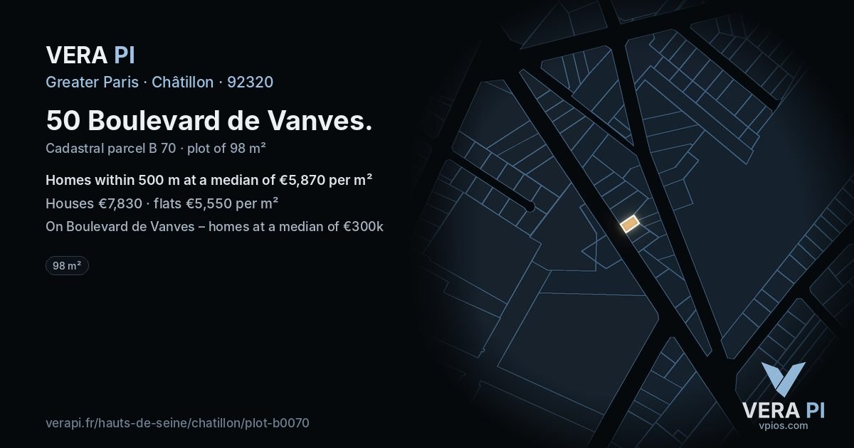 50 Boulevard de Vanves, Châtillon at night – the plot lit, the parcels around coloured by the prices near them