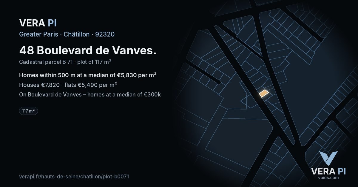 48 Boulevard de Vanves, Châtillon at night – the plot lit, the parcels around coloured by the prices near them