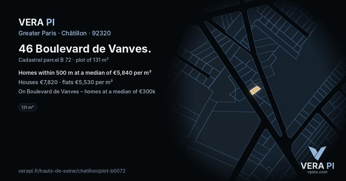 46 Boulevard de Vanves, Châtillon at night – the plot lit, the parcels around coloured by the prices near them