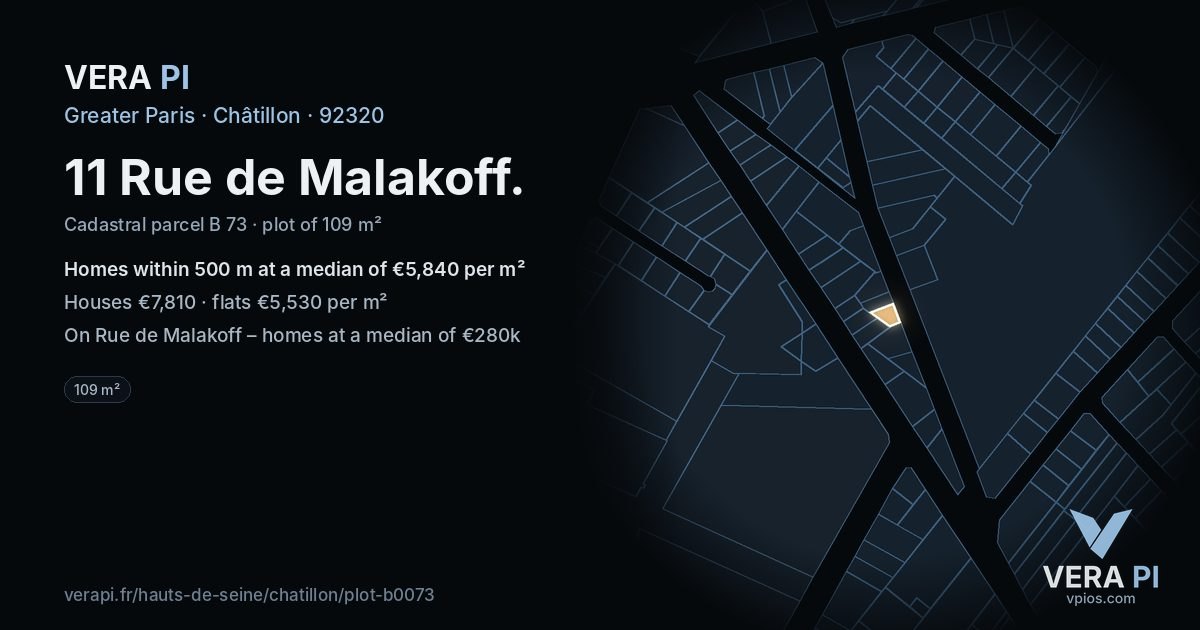 11 Rue de Malakoff, Châtillon at night – the plot lit, the parcels around coloured by the prices near them