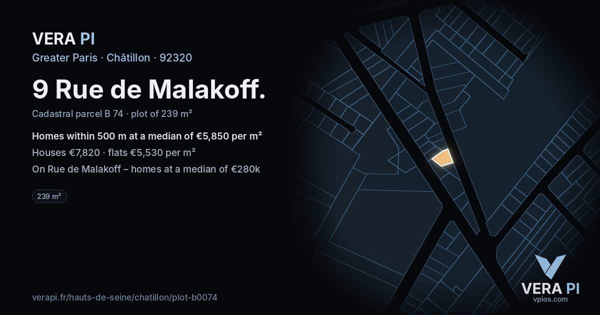 9 Rue de Malakoff, Châtillon at night – the plot lit, the parcels around coloured by the prices near them