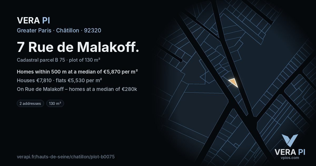 7 Rue de Malakoff, Châtillon at night – the plot lit, the parcels around coloured by the prices near them