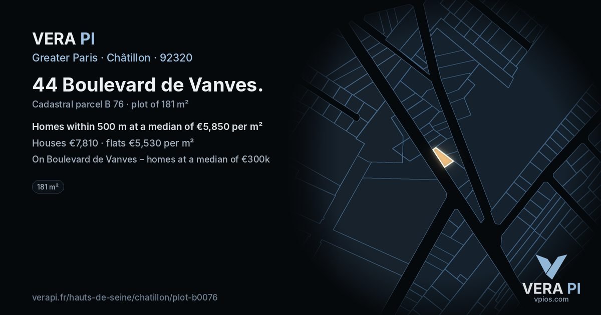 44 Boulevard de Vanves, Châtillon at night – the plot lit, the parcels around coloured by the prices near them