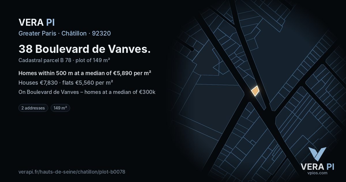 38 Boulevard de Vanves, Châtillon at night – the plot lit, the parcels around coloured by the prices near them