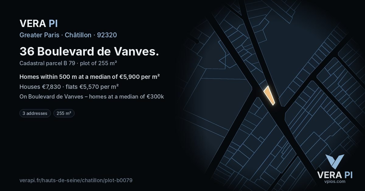 36 Boulevard de Vanves, Châtillon at night – the plot lit, the parcels around coloured by the prices near them