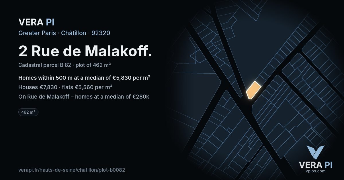2 Rue de Malakoff, Châtillon at night – the plot lit, the parcels around coloured by the prices near them