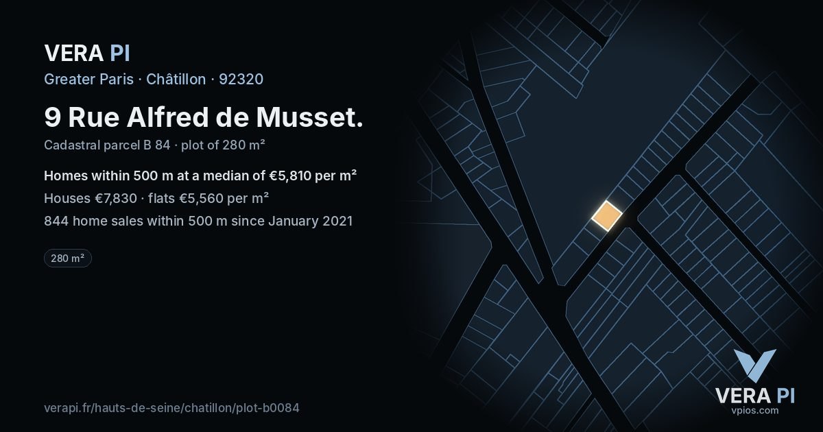 9 Rue Alfred de Musset, Châtillon at night – the plot lit, the parcels around coloured by the prices near them