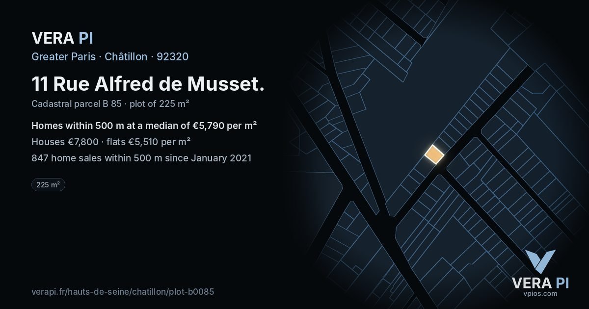 11 Rue Alfred de Musset, Châtillon at night – the plot lit, the parcels around coloured by the prices near them