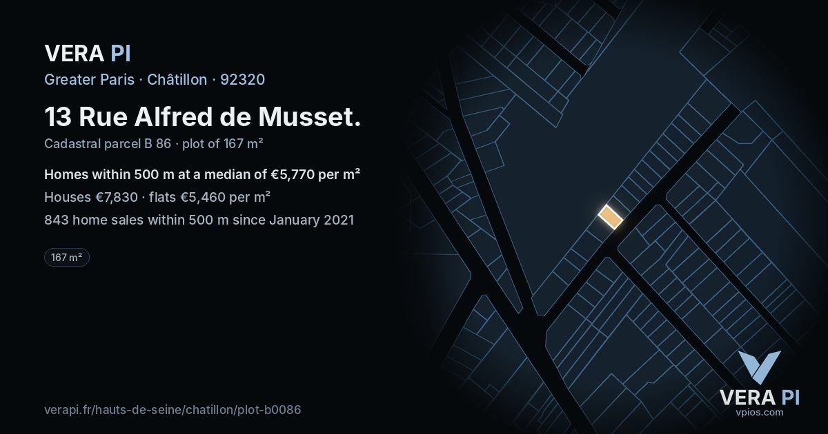 13 Rue Alfred de Musset, Châtillon at night – the plot lit, the parcels around coloured by the prices near them