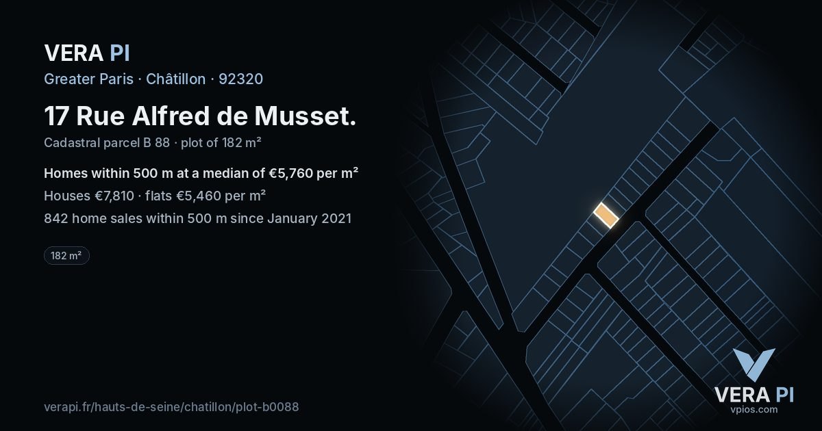 17 Rue Alfred de Musset, Châtillon at night – the plot lit, the parcels around coloured by the prices near them