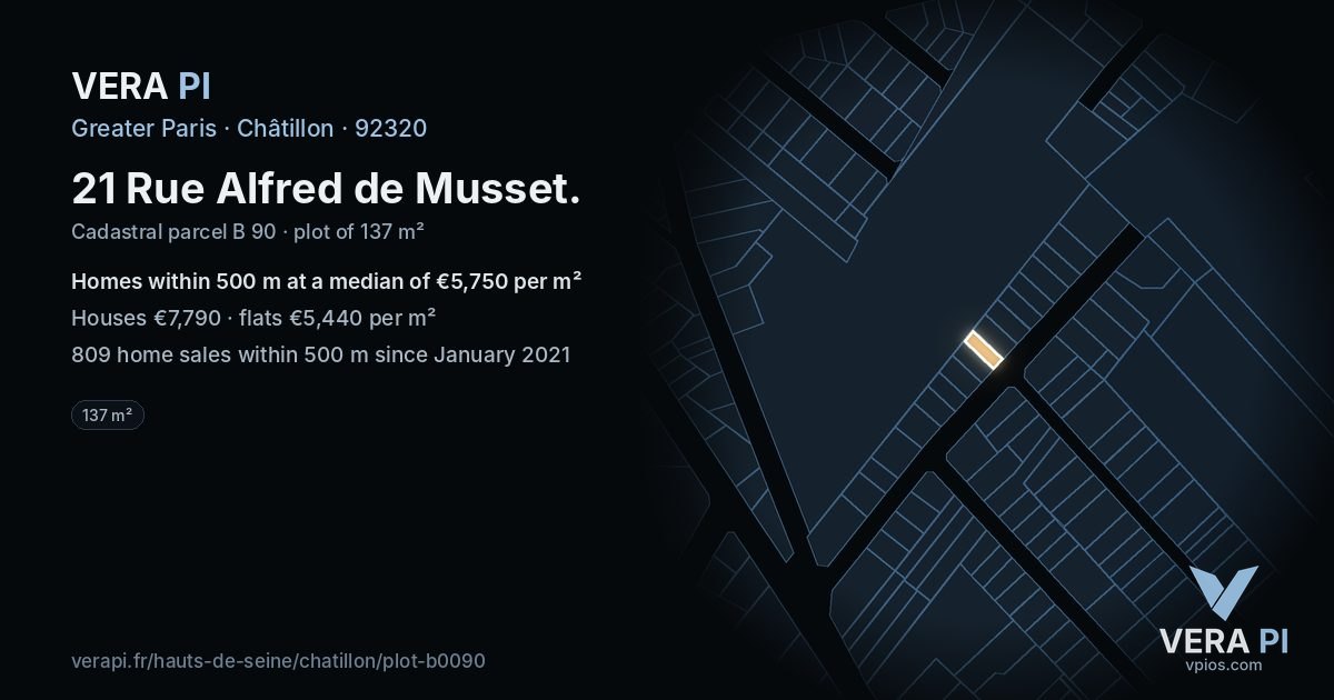 21 Rue Alfred de Musset, Châtillon at night – the plot lit, the parcels around coloured by the prices near them