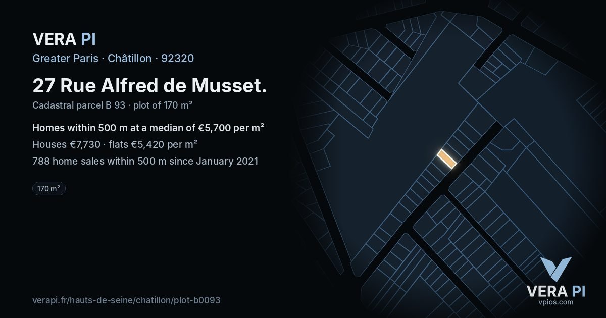 27 Rue Alfred de Musset, Châtillon at night – the plot lit, the parcels around coloured by the prices near them