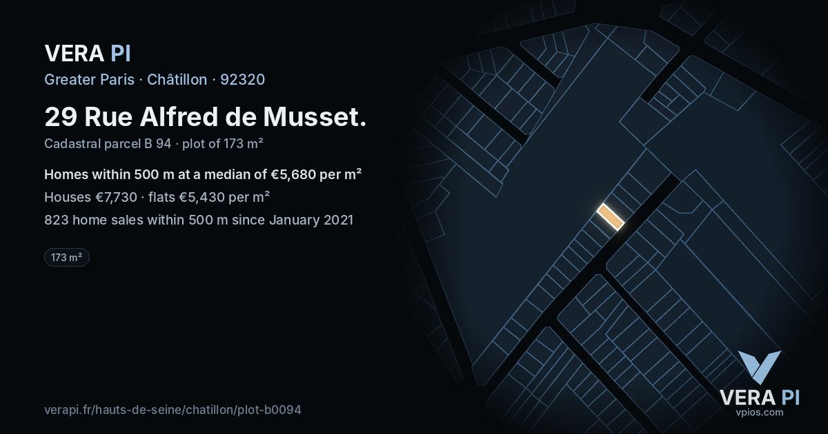 29 Rue Alfred de Musset, Châtillon at night – the plot lit, the parcels around coloured by the prices near them