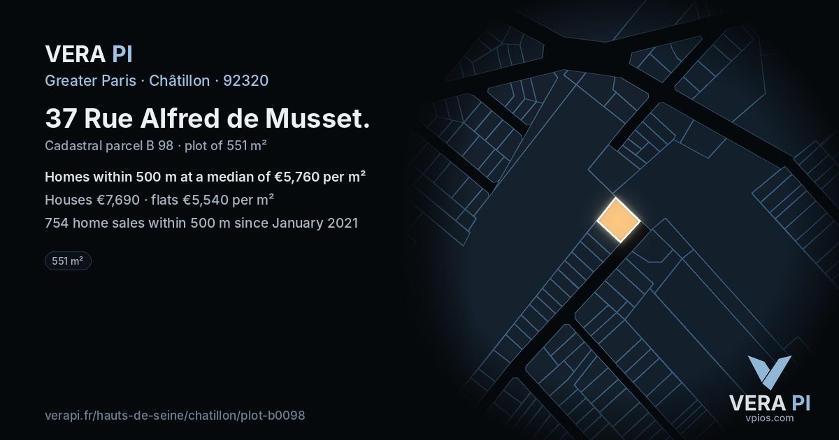 37 Rue Alfred de Musset, Châtillon at night – the plot lit, the parcels around coloured by the prices near them