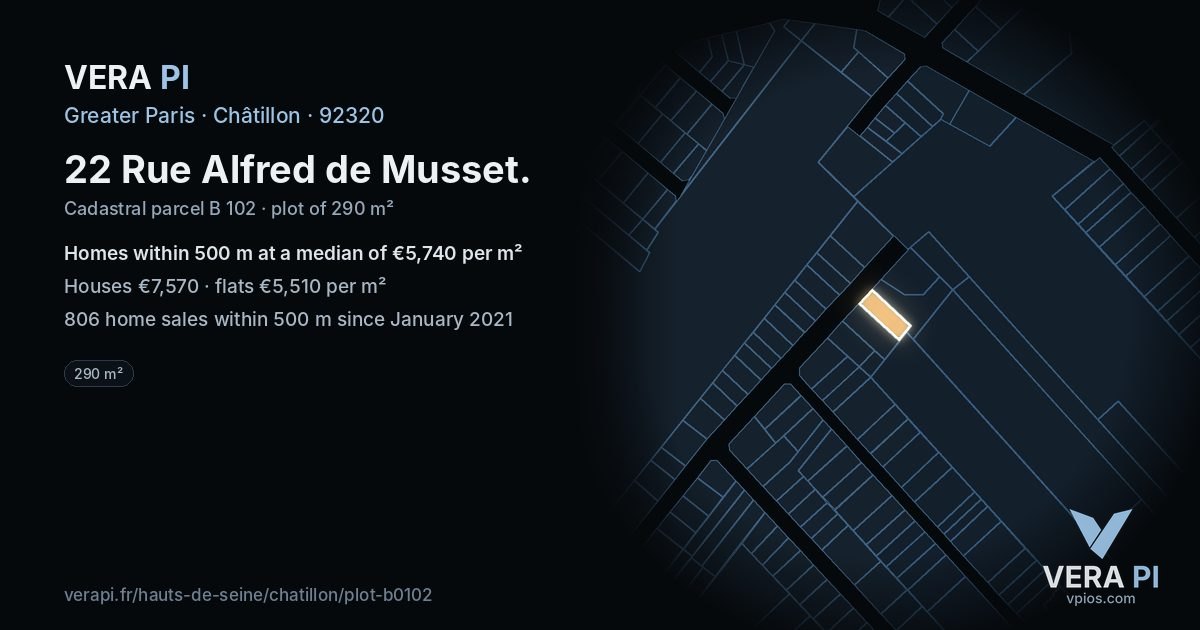 22 Rue Alfred de Musset, Châtillon at night – the plot lit, the parcels around coloured by the prices near them