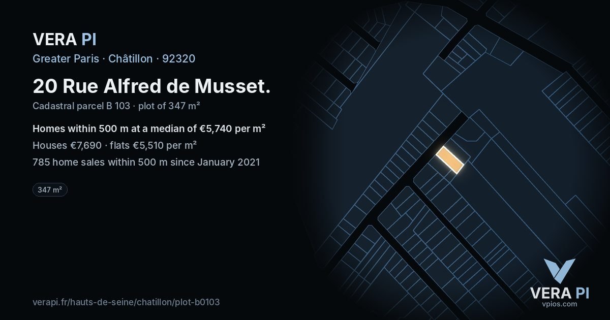 20 Rue Alfred de Musset, Châtillon at night – the plot lit, the parcels around coloured by the prices near them