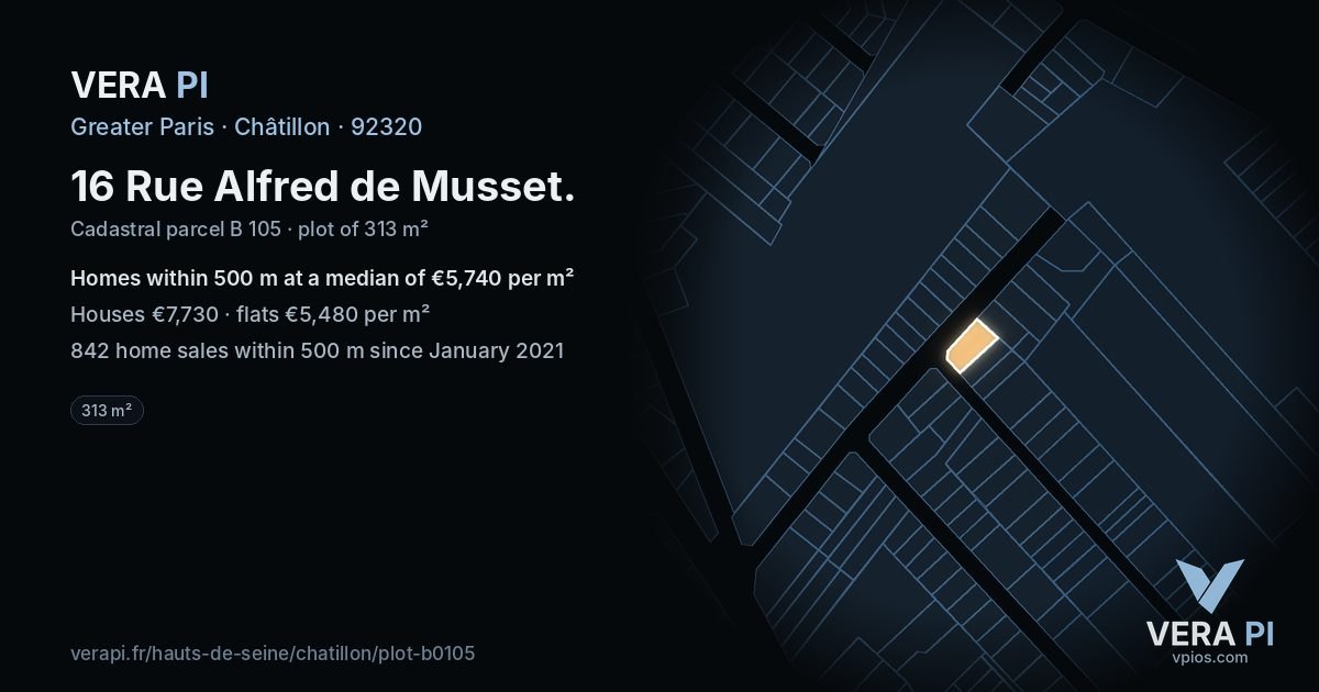 16 Rue Alfred de Musset, Châtillon at night – the plot lit, the parcels around coloured by the prices near them