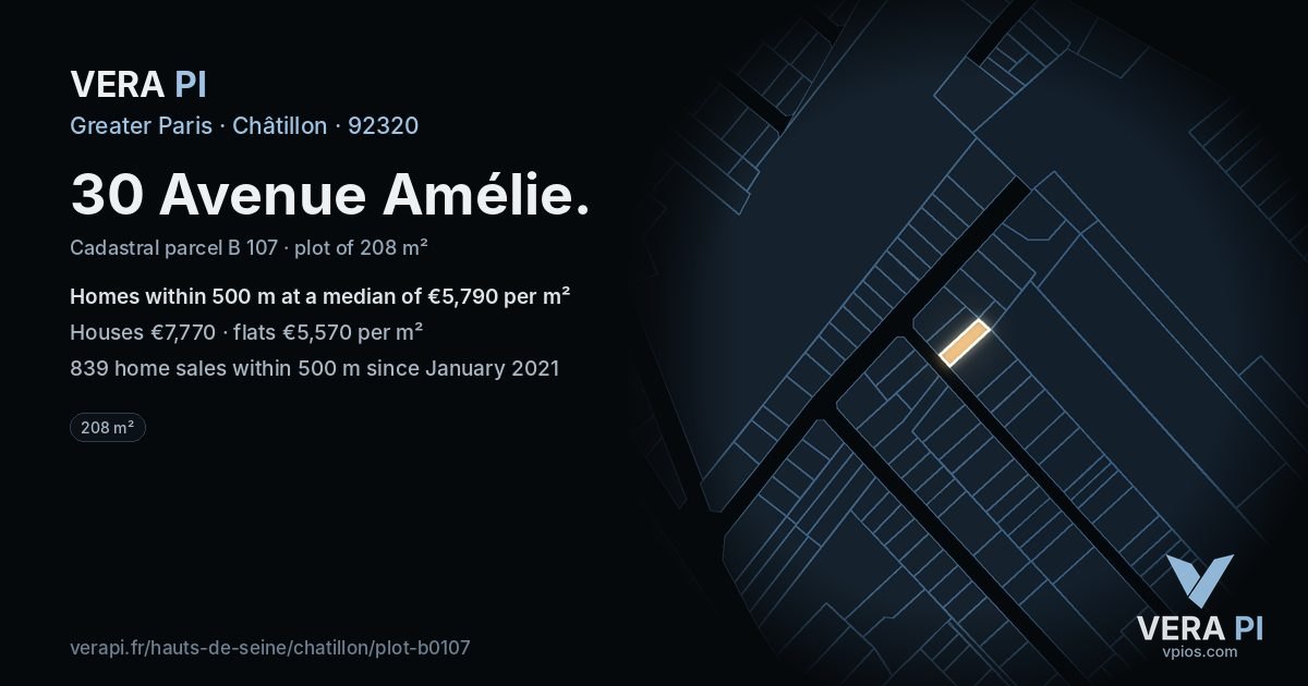 30 Avenue Amélie, Châtillon at night – the plot lit, the parcels around coloured by the prices near them