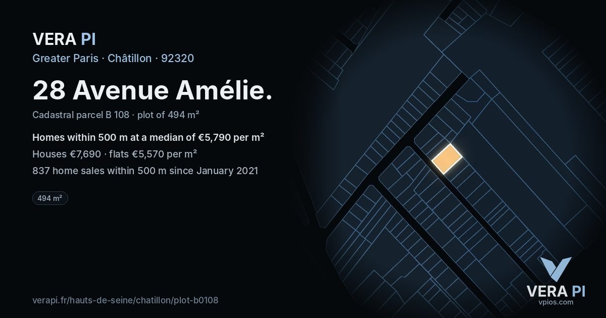 28 Avenue Amélie, Châtillon at night – the plot lit, the parcels around coloured by the prices near them