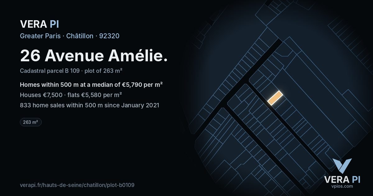 26 Avenue Amélie, Châtillon at night – the plot lit, the parcels around coloured by the prices near them