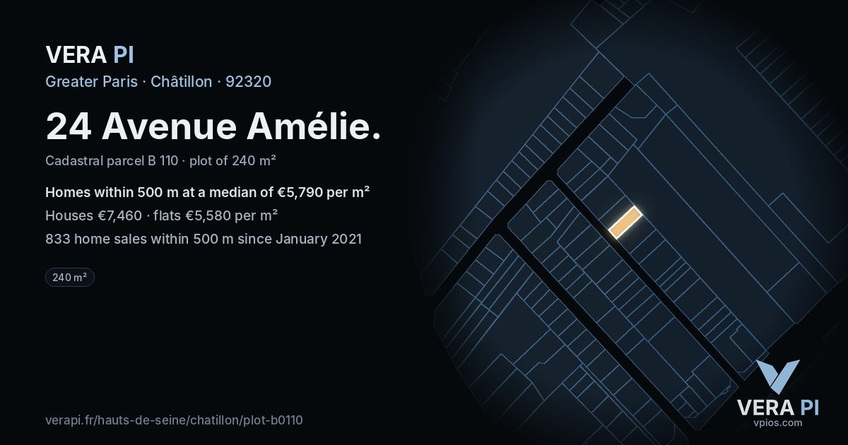24 Avenue Amélie, Châtillon at night – the plot lit, the parcels around coloured by the prices near them