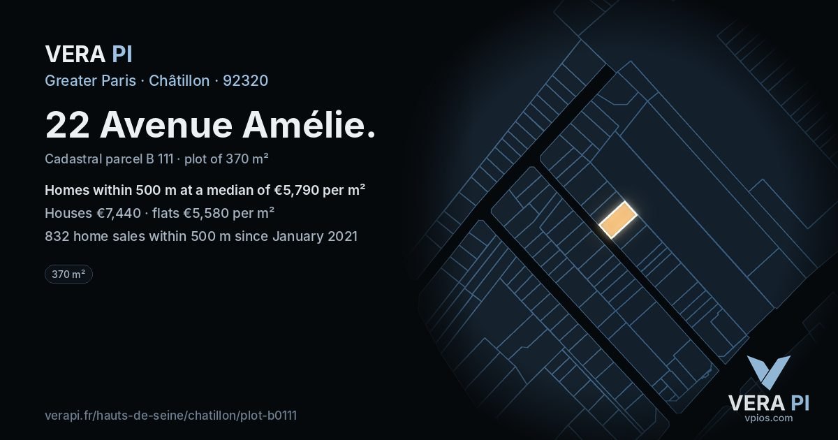 22 Avenue Amélie, Châtillon at night – the plot lit, the parcels around coloured by the prices near them