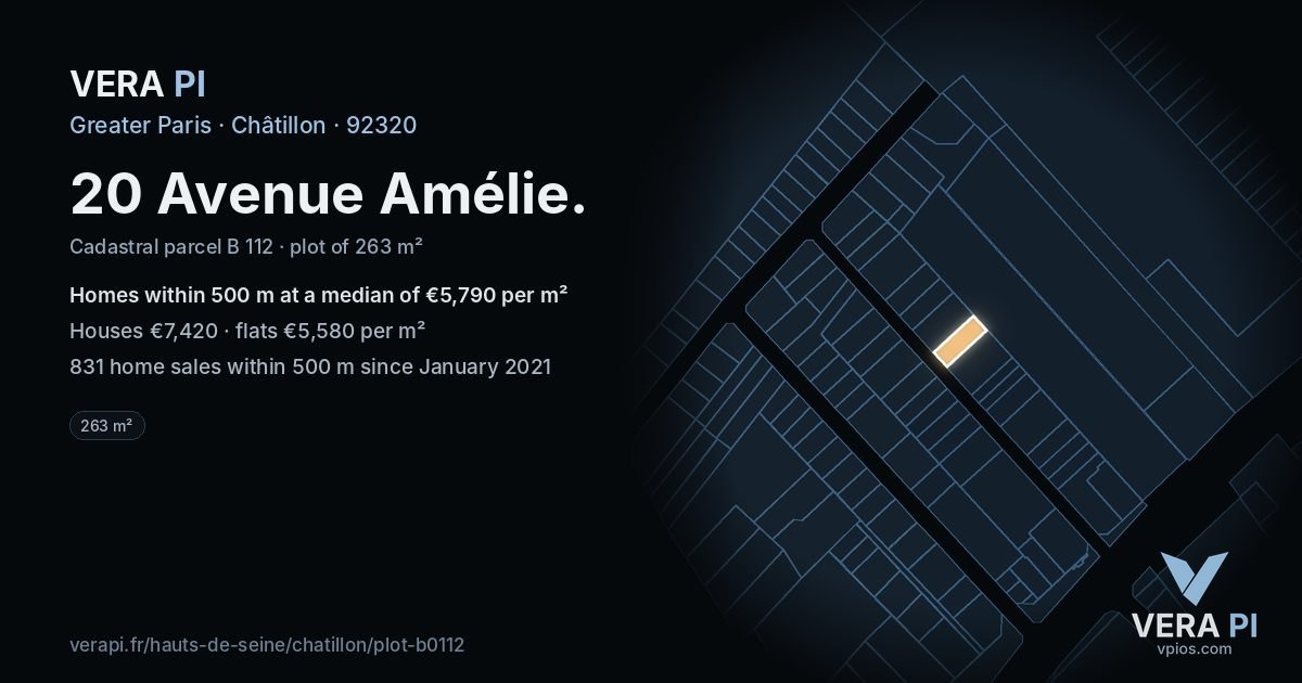 20 Avenue Amélie, Châtillon at night – the plot lit, the parcels around coloured by the prices near them