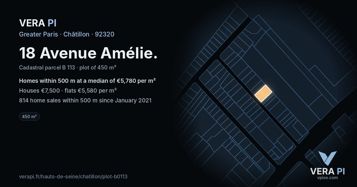 18 Avenue Amélie, Châtillon at night – the plot lit, the parcels around coloured by the prices near them