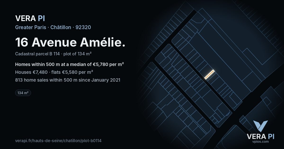 16 Avenue Amélie, Châtillon at night – the plot lit, the parcels around coloured by the prices near them