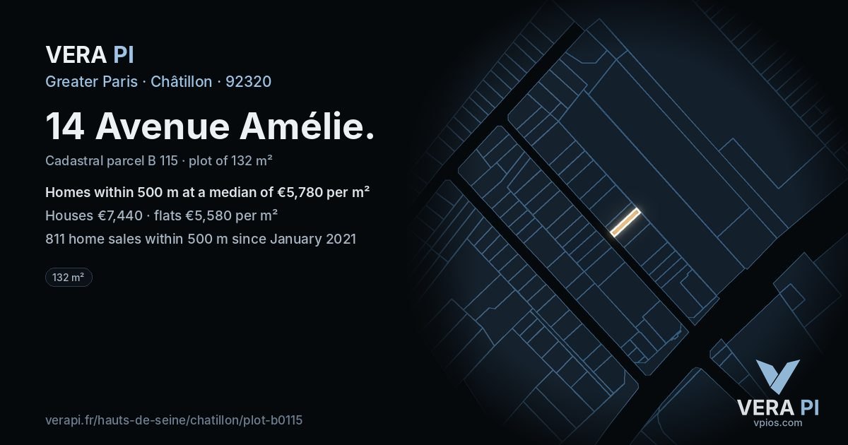 14 Avenue Amélie, Châtillon at night – the plot lit, the parcels around coloured by the prices near them