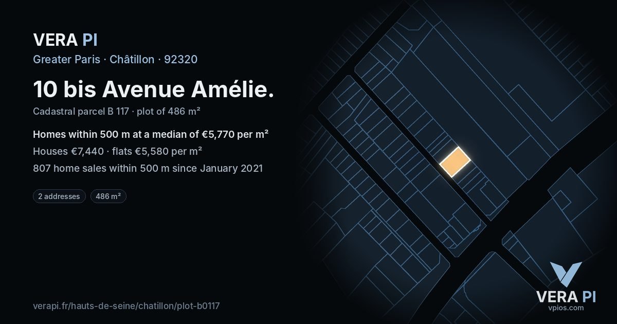 10 bis Avenue Amélie, Châtillon at night – the plot lit, the parcels around coloured by the prices near them