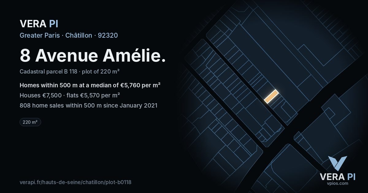 8 Avenue Amélie, Châtillon at night – the plot lit, the parcels around coloured by the prices near them