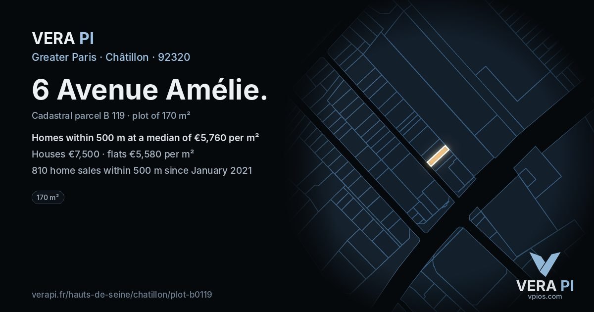 6 Avenue Amélie, Châtillon at night – the plot lit, the parcels around coloured by the prices near them
