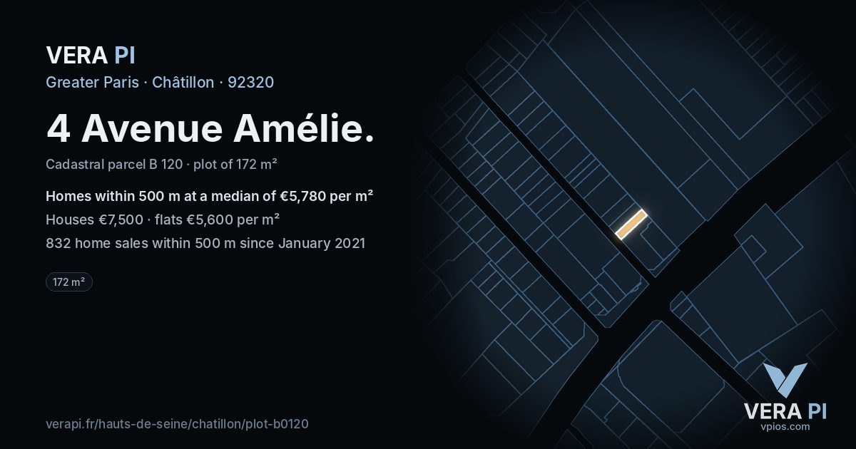 4 Avenue Amélie, Châtillon at night – the plot lit, the parcels around coloured by the prices near them