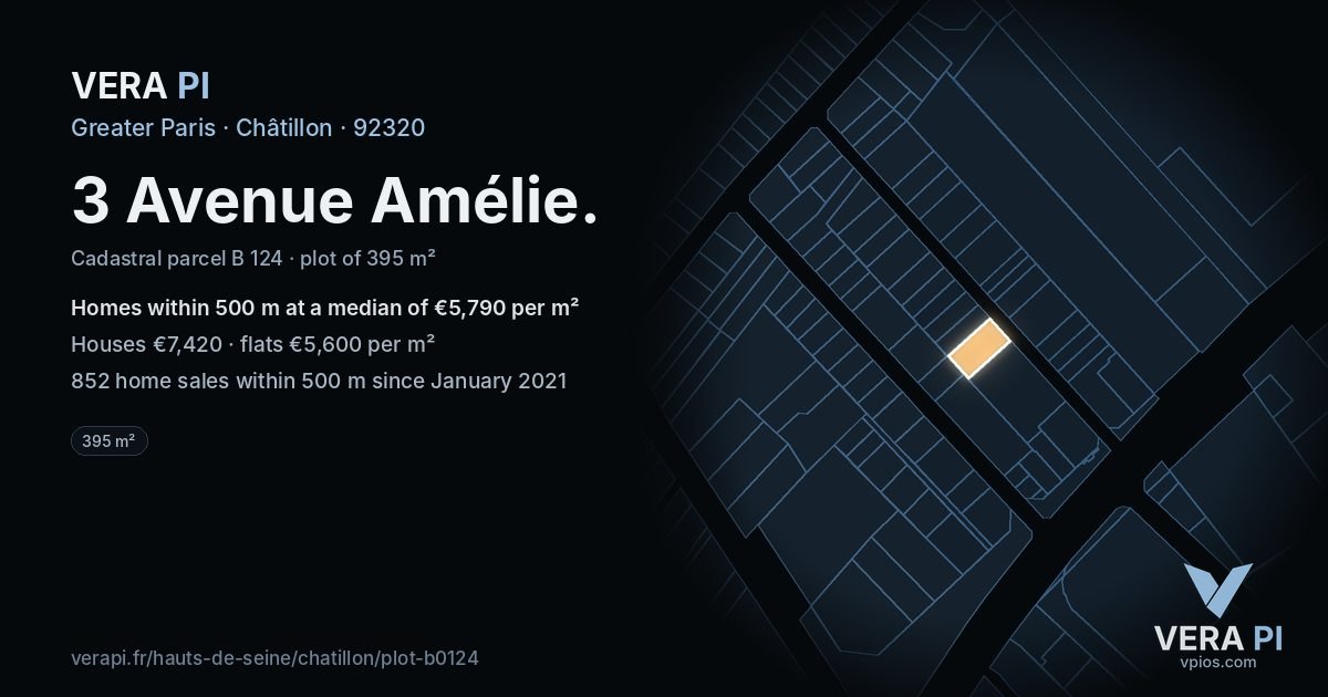 3 Avenue Amélie, Châtillon at night – the plot lit, the parcels around coloured by the prices near them