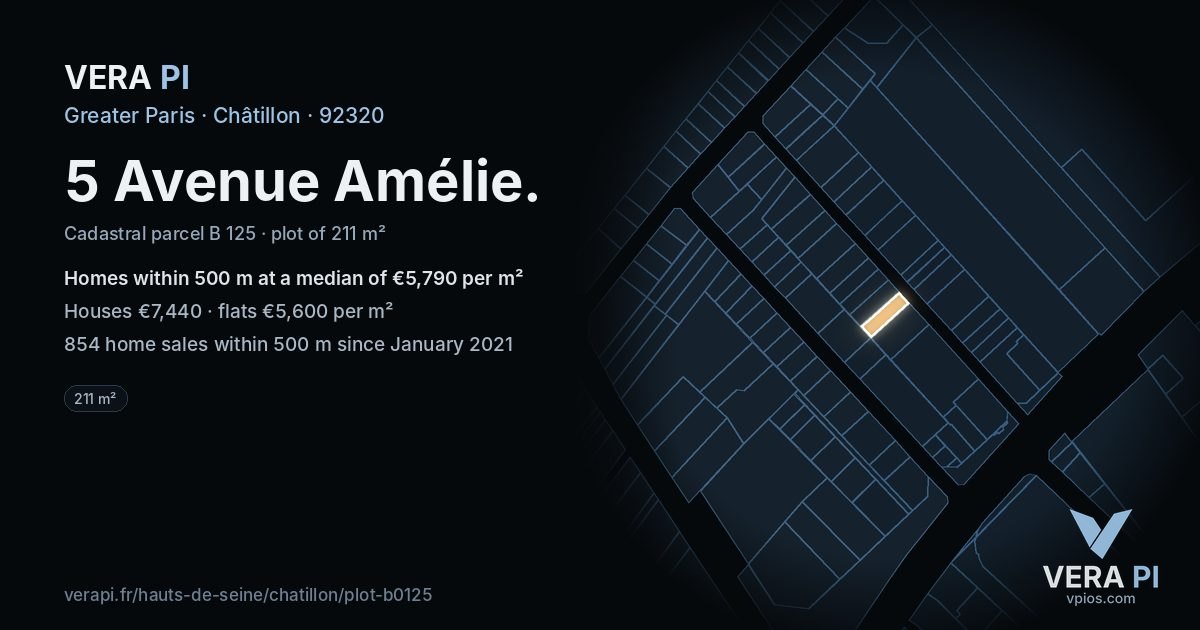 5 Avenue Amélie, Châtillon at night – the plot lit, the parcels around coloured by the prices near them