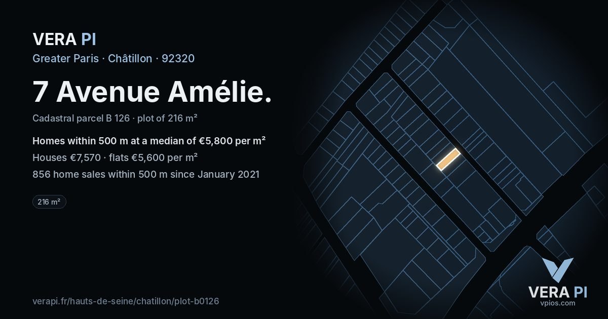 7 Avenue Amélie, Châtillon at night – the plot lit, the parcels around coloured by the prices near them