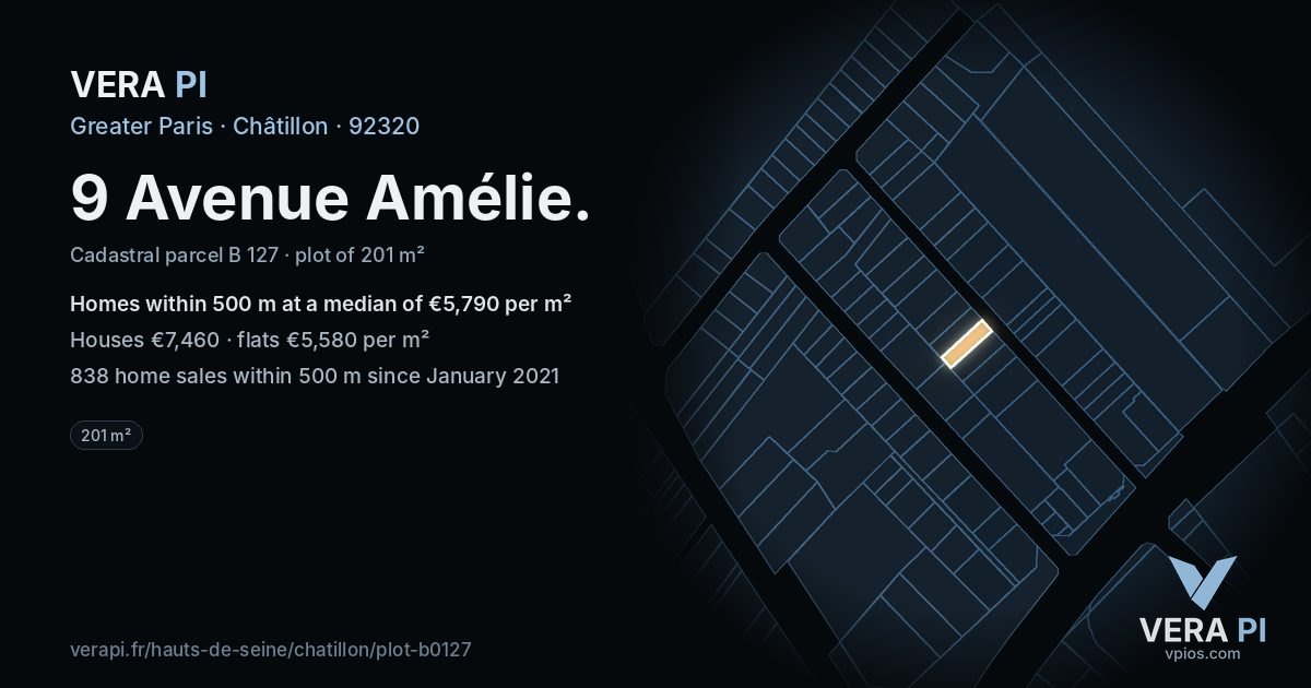 9 Avenue Amélie, Châtillon at night – the plot lit, the parcels around coloured by the prices near them