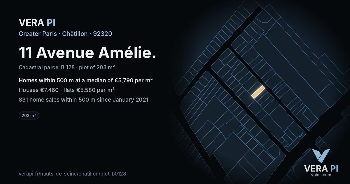 11 Avenue Amélie, Châtillon at night – the plot lit, the parcels around coloured by the prices near them