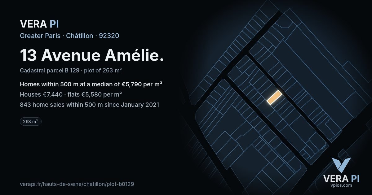13 Avenue Amélie, Châtillon at night – the plot lit, the parcels around coloured by the prices near them
