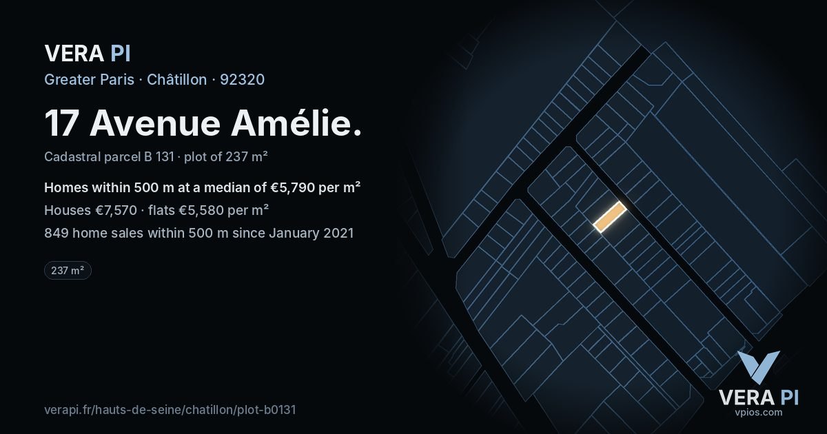 17 Avenue Amélie, Châtillon at night – the plot lit, the parcels around coloured by the prices near them