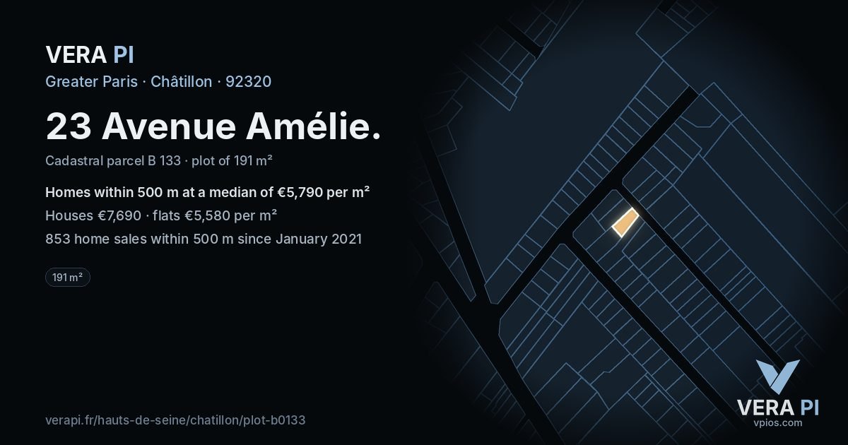 23 Avenue Amélie, Châtillon at night – the plot lit, the parcels around coloured by the prices near them